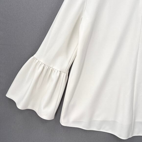 TIBI Ruffle Bell Sleeve Top Womens 4 Off White Chalky Drape Crew Neck Blouse - Picture 8 of 14